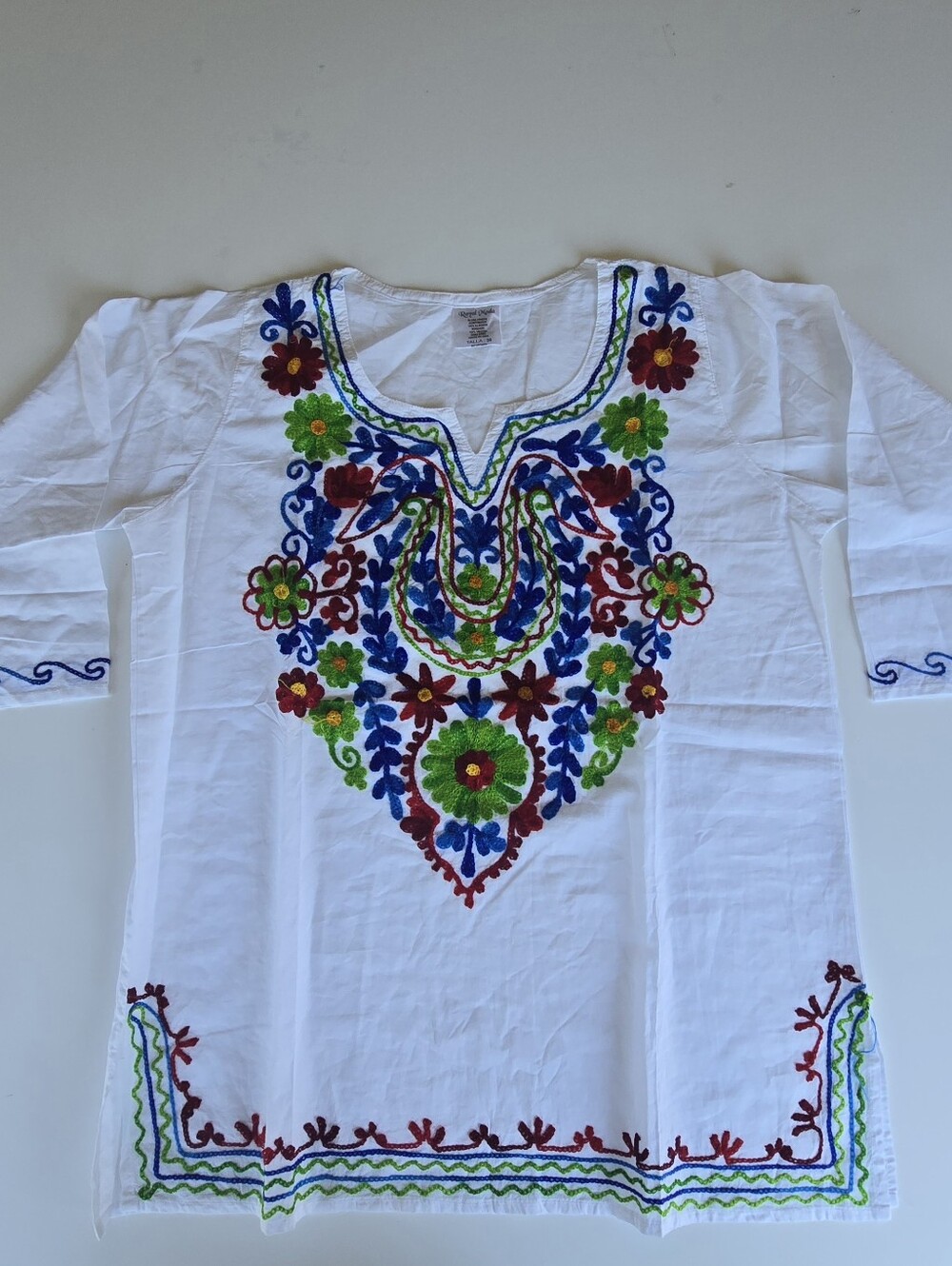 Royal Moda Women White Floral Embroidered V-Neck 3/4 Sleeve Blouse Size 36 (M)